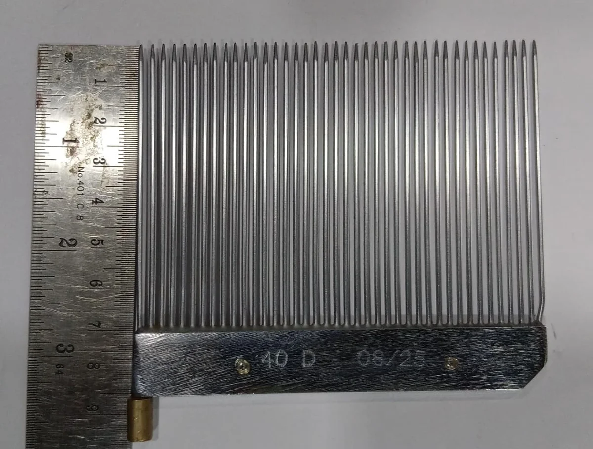 Sizing Comb 40 D With One Side Brass Holding Clamp Size 100 mm Width x 85 mm Total OD x 3.5 mm Base Thickness x 15mm Base Height 1.2mm Steel Wire Pointed (Brass Pin at Bottom Length 6 mm dia x 10 mm Height Hard Chrome Plated view 1