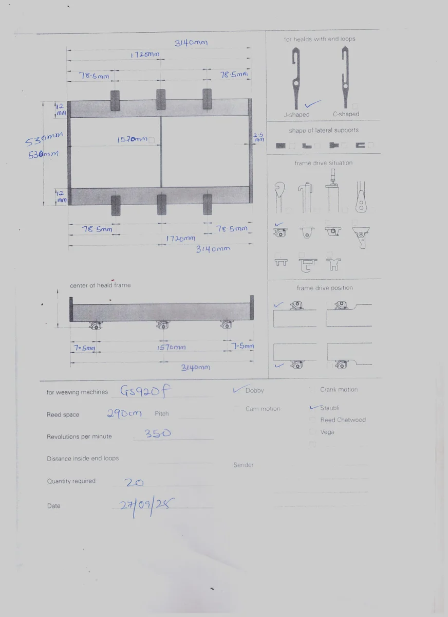 Heald Frame Sulzer Smit – 290 cms looms - 3140 mm Long For Staubli Dobby Model