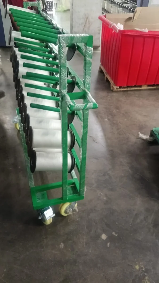 Trolley - PT/ST 40 LE Bobbin - Movable Yarn/Roll Storage Trolley – 40 Spool Capacity –1530(L) x 370(W) x 1130(H) mm – MS Round tube with Inclined Cradles Powder Coated & Swivel Castor Wheels view 2