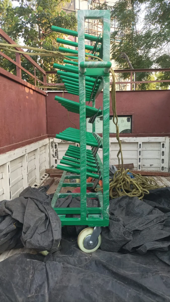 Trolley - PT/ST 40 LE Bobbin - Movable Yarn/Roll Storage Trolley – 40 Spool Capacity –1530(L) x 370(W) x 1130(H) mm – MS Round tube with Inclined Cradles Powder Coated & Swivel Castor Wheels view 3